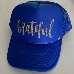 Mother Trucker Blue Trucker Hat with Gold 'Grateful'